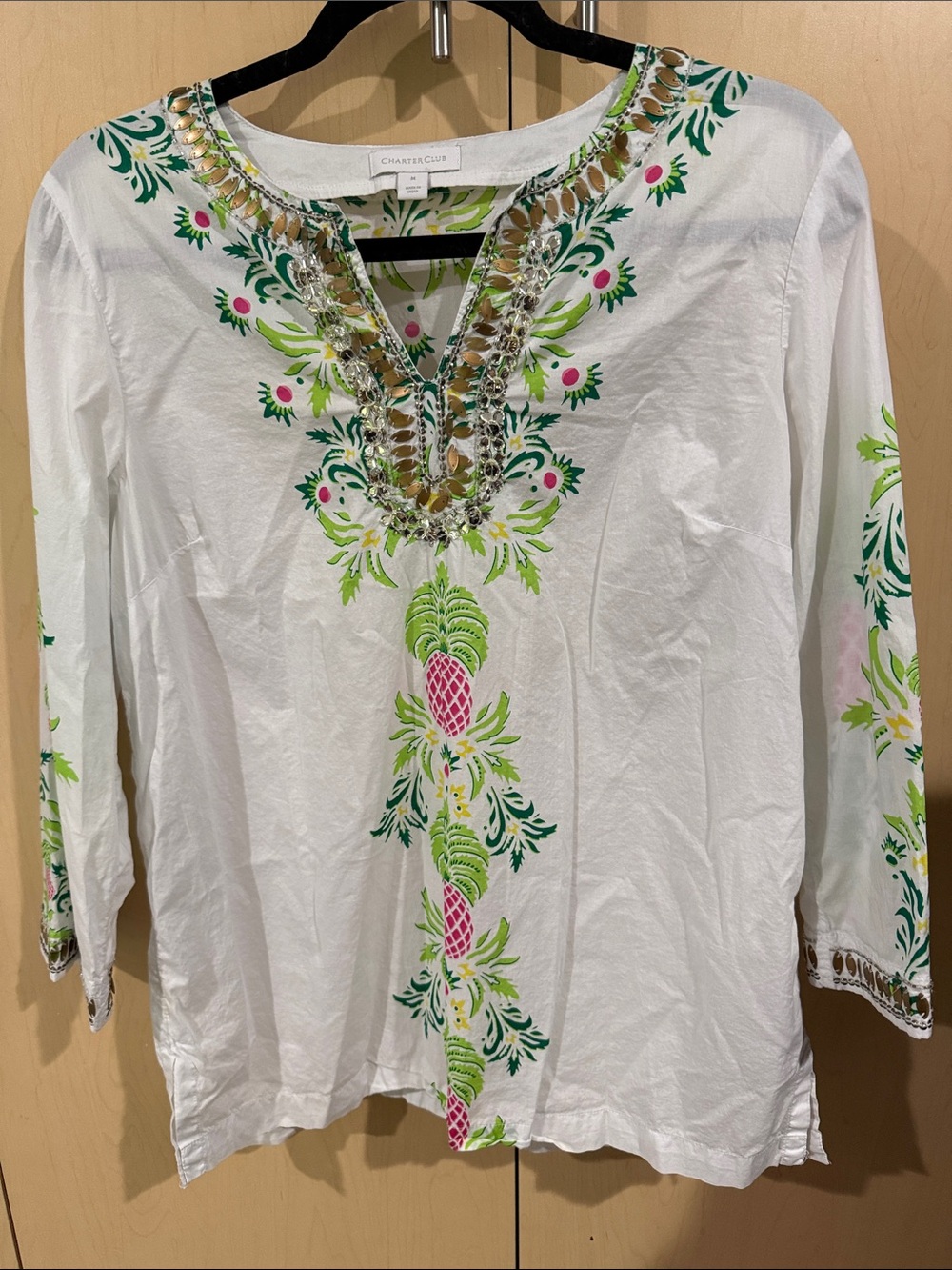 Charter Club White Tunic with Pink & Green Embroidered Pineapple Motif